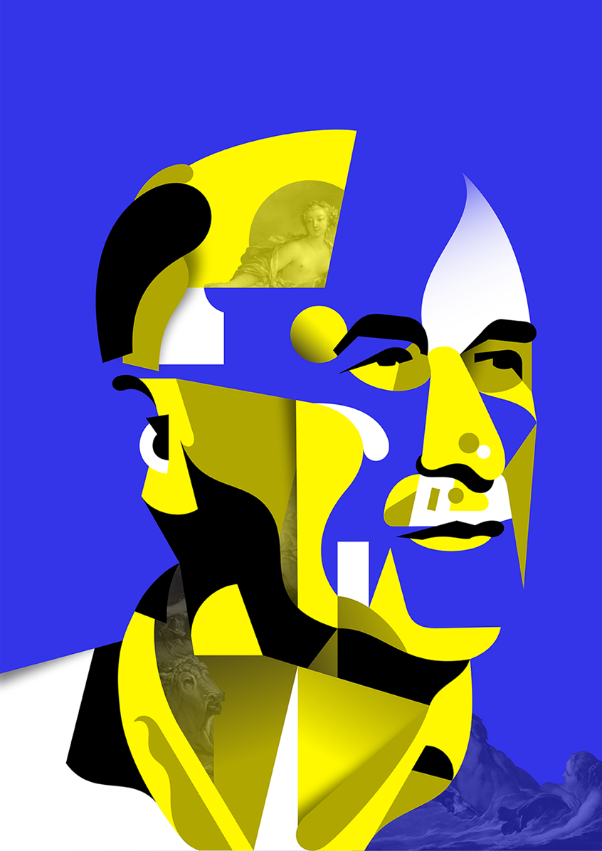 illustration of vintage, retro, branding, advertising, fame, famous, icon, abstract, geometric, portrait, people, lifestyle, 80s, editorial illustration, branding, advertising, publishing, book cover, marketing, head shot, profile, newspaper, character design, pop art, poster, politics, creative, face, man, glasses, fashion illustration, fashion, collage, collage, politics, EU, Europe,