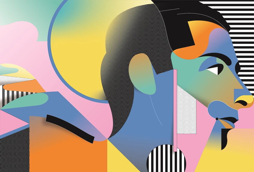 illustration of vintage, retro, branding, advertising, fame, famous, icon, abstract, geometric, portrait, people, lifestyle, 80s, editorial illustration, branding, advertising, publishing, book cover, marketing, head shot, profile, newspaper, character design, pop art, poster, politics, creative, face, man, glasses, fashion illustration, fashion, glasses, collage, cycling,