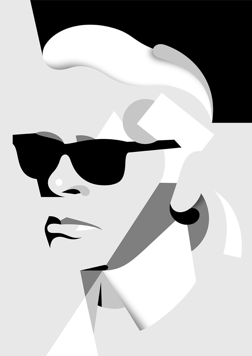 illustration of vintage, retro, branding, advertising, fame, famous, icon, abstract, geometric, portrait, people, lifestyle, 80s, editorial illustration, branding, advertising, publishing, book cover, marketing, head shot, profile, newspaper, character design, pop art, poster, politics, creative, face, man, glasses, fashion illustration, fashion, glasses, collage, fashion designer, couture, icon, iconic, Chanel, Paris, France, Europe, genius,
