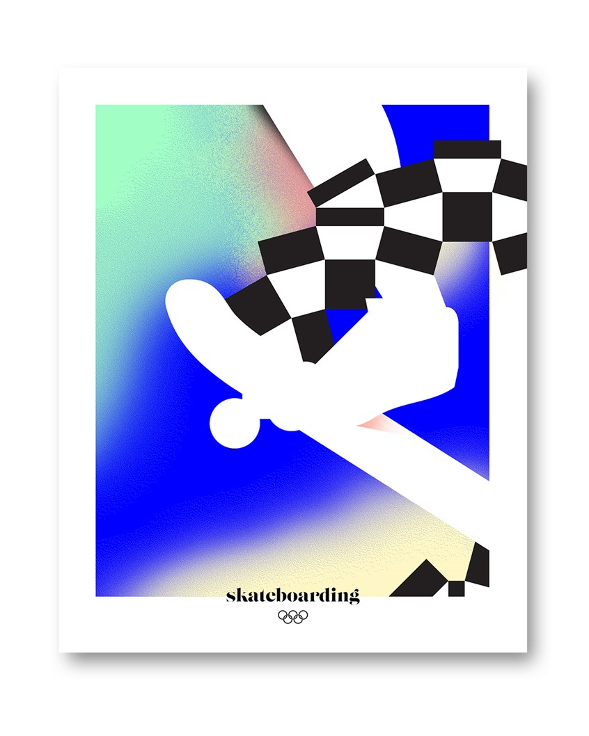 illustration of skating, skateboarding, abstract, sports, tricks, stunts, athlete, sponsorship, skater, branding, gradient, olympics, discipline, editorial illustration, magazines, poster, icon, iconic, advertising, people, team,