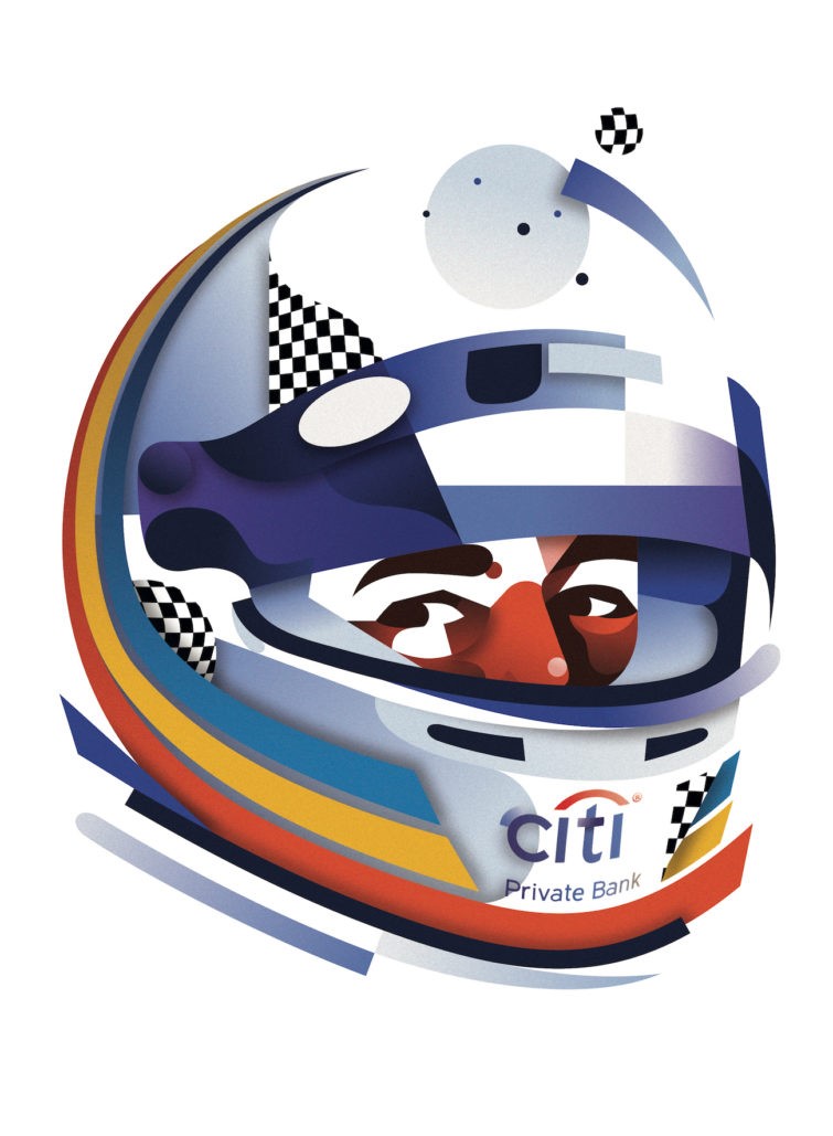 illustration of portrait, face, man, branding, fashion, fashion and beauty, fashion illustration, F1, racing, cars, sports, sponsorship, helmet, icon, iconic, retro, famous, fame, glamour, geometric, abstract, pop music, editorial illustration, branding, poster, idol, advertising, publishing, head shot, face, man, 90s, collage, digital collage, magazines,