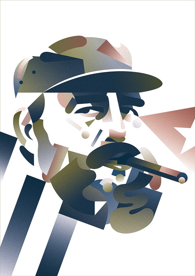 illustration of portrait, face, man, branding, politics, Cuba, 50s, 60s, communism, icon, iconic, retro, famous, fame, glamour, geometric, abstract, pop music, editorial illustration, branding, poster, idol, advertising, publishing, head shot, face, man, 90s, collage, digital collage, magazines, cigar, hat, revolution, Cold War, military, flag, nation,