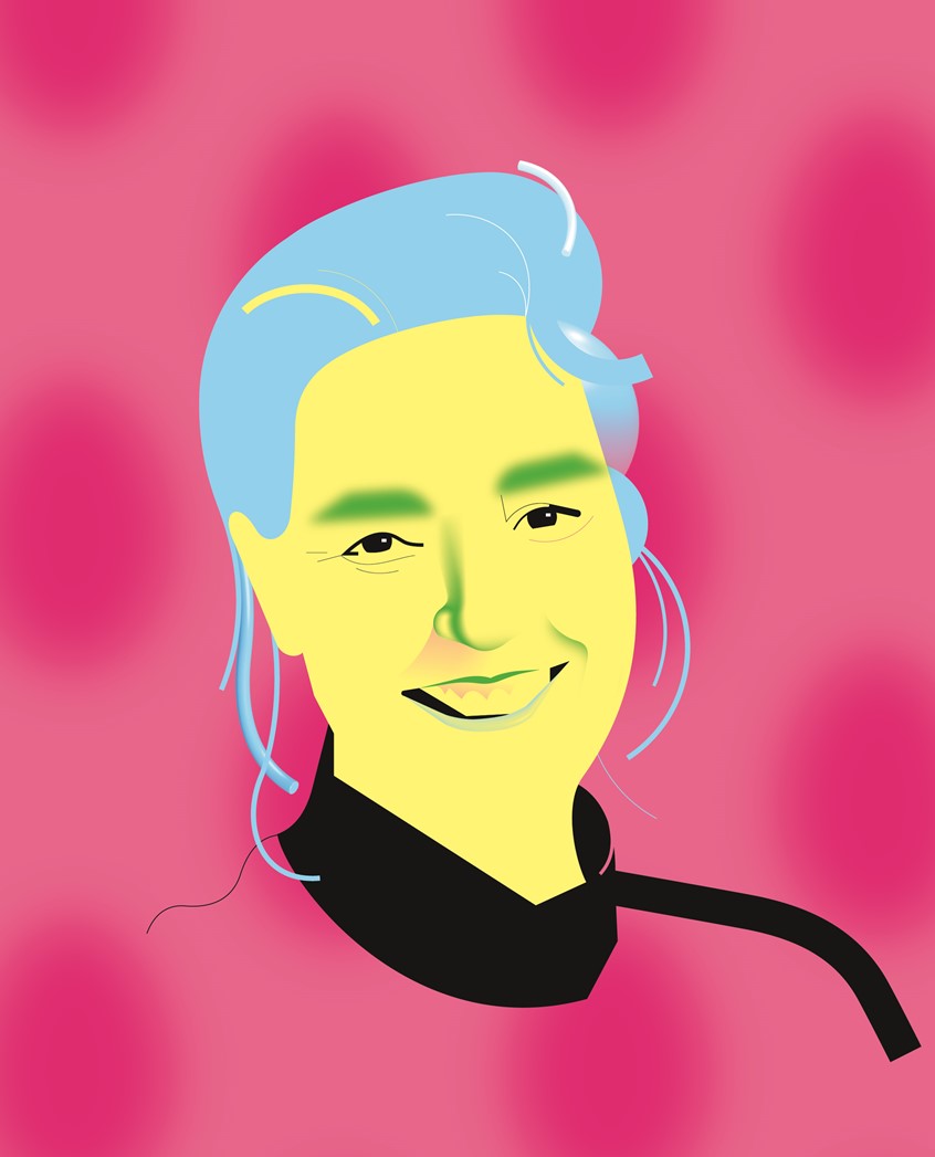 illustration of portrait, woman, feminine, character development, branding, editorial, magazines, beauty, fashion, fashion and beauty, geometric, abstract, neon, brand, sponsorship, smile, pretty, headshot, face, portraiture, colour, color, newspaper, current affairs, head and shoulders, advertising, celebrity, personality, fame, famous, clothing, fashion illustration, smiling, happy,