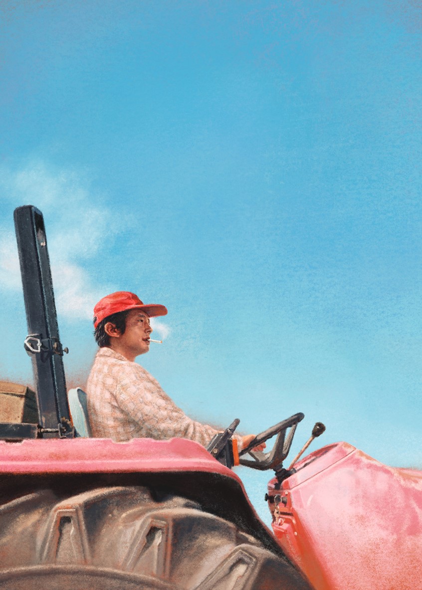illustration of Postcard illustration for Minari movie promotion. A Korean American immigrant on tractor, smoking his American Dream. Digital illustration made with Procreate.
