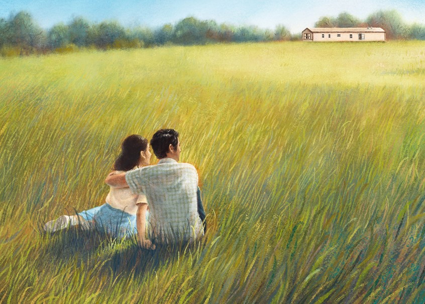 illustration of Postcard illustration for Minari movie promotion. Andrew Wyeth pastiche - Korean American immigrant on a field gazing at the landscape. Digital illustration made with Procreate.