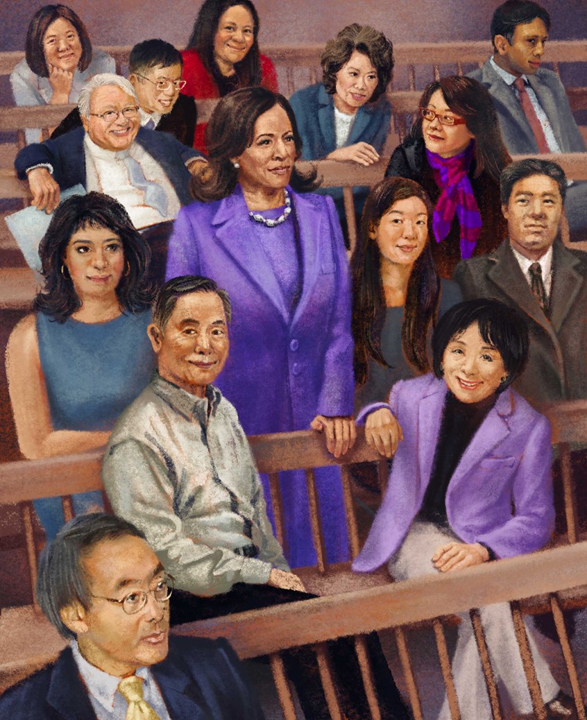 illustration of Book illustration introducing Asian American politicians & Activists from 2000s, featuring Kamala Harris, George Takei & many other. Pastiche of Norman Rockwell's Four Freedoms.