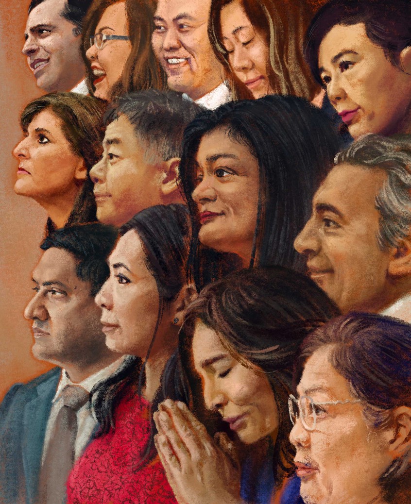 illustration of Book illustration introducing Asian American politicians & Activists from 2010s, featuring Pramila Jayapal, Grace Meng, Judy Chu, Ted Lieu, Mazie Hirono, Tammy Duckworth, Nikki Haley, Mark Takano, Ro Khanna, Raja Krishnamoorthi, Stephanie Murphy, Tulsi Gabbard and Ami Bera. Pastiche of Norman Rockwell's Four Freedoms.