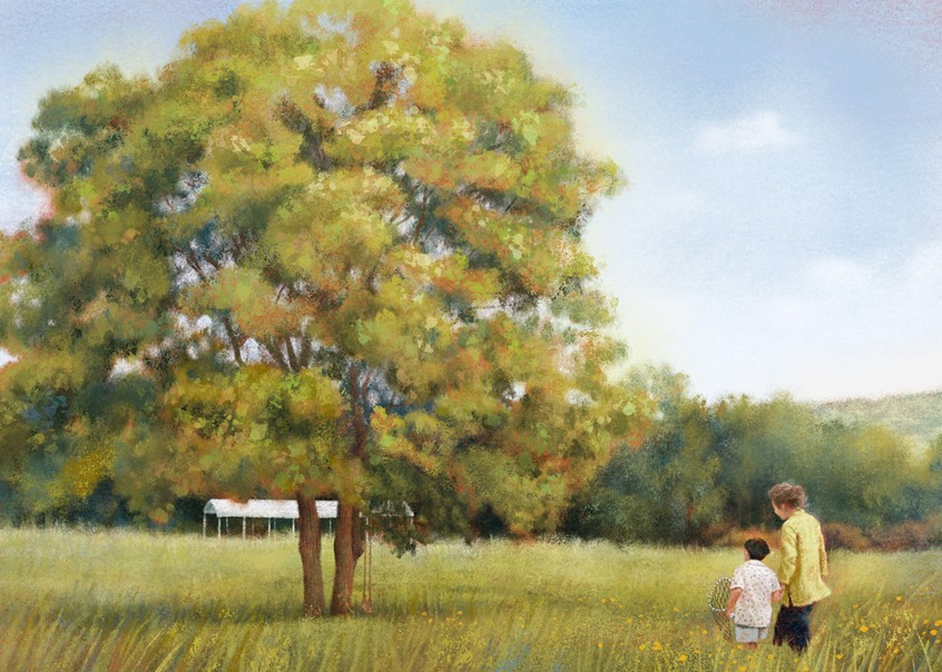 illustration of Postcard illustration for Minari movie promotion. A Korean American boy walking on Arkansas field with grandmother towards a tree with swing. Digital illustration made with Procreate.