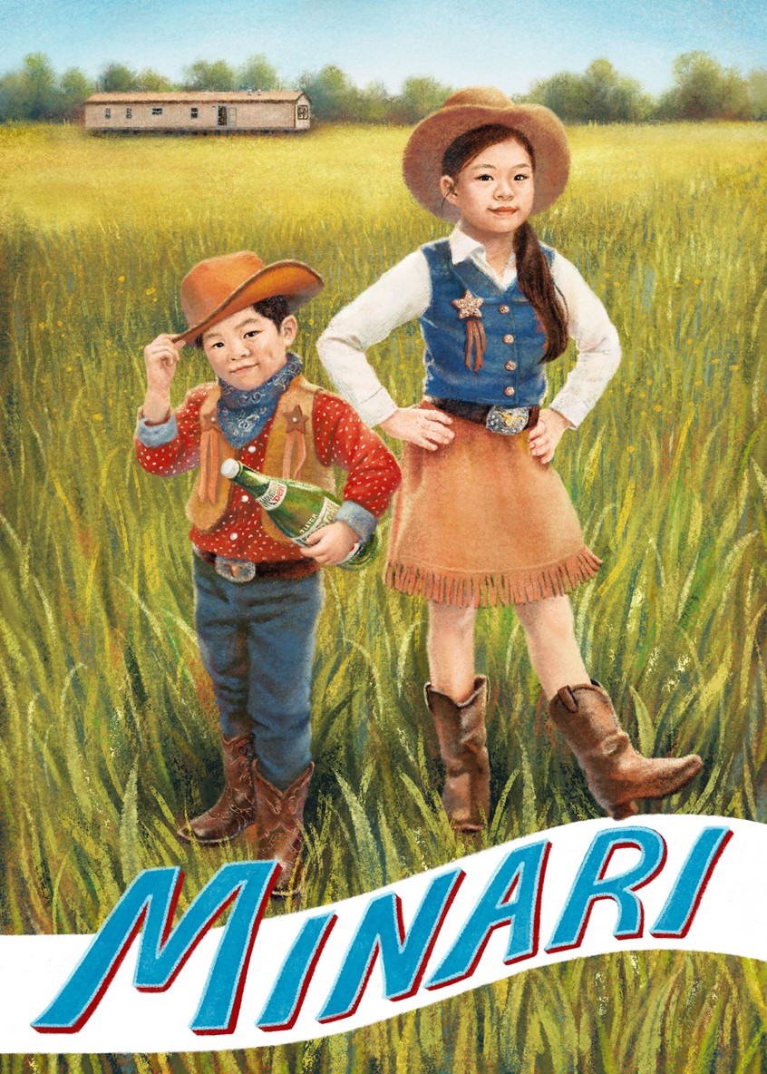 illustration of Postcard illustration for Minari movie promotion. Korean American children posing on Arkansas field in cowboy outfit. Digital illustration made with Procreate.