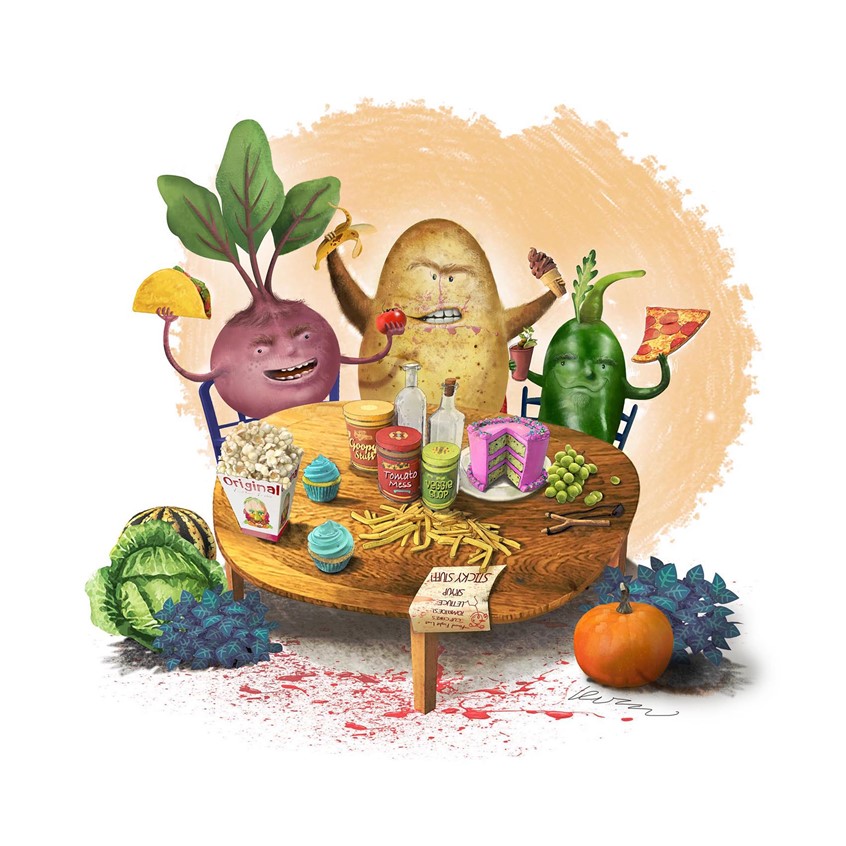 illustration of Vegetables enjoying a party and a feast of of junk food so good it prompts a fight amongst them.
This piece appeared in a Society of Illustrators Show in New York recently.