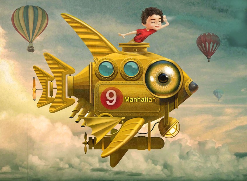 illustration of This imaginative piece highlights a boy's fantasy of traveling on a modified version of the #9 train in Manhattan
It is part of an anthology of childhood dreams.