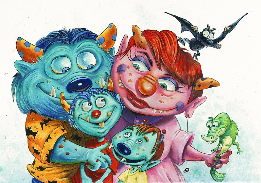 illustration of This is a family portrait of Marshall the Monster's family from the Children's Book