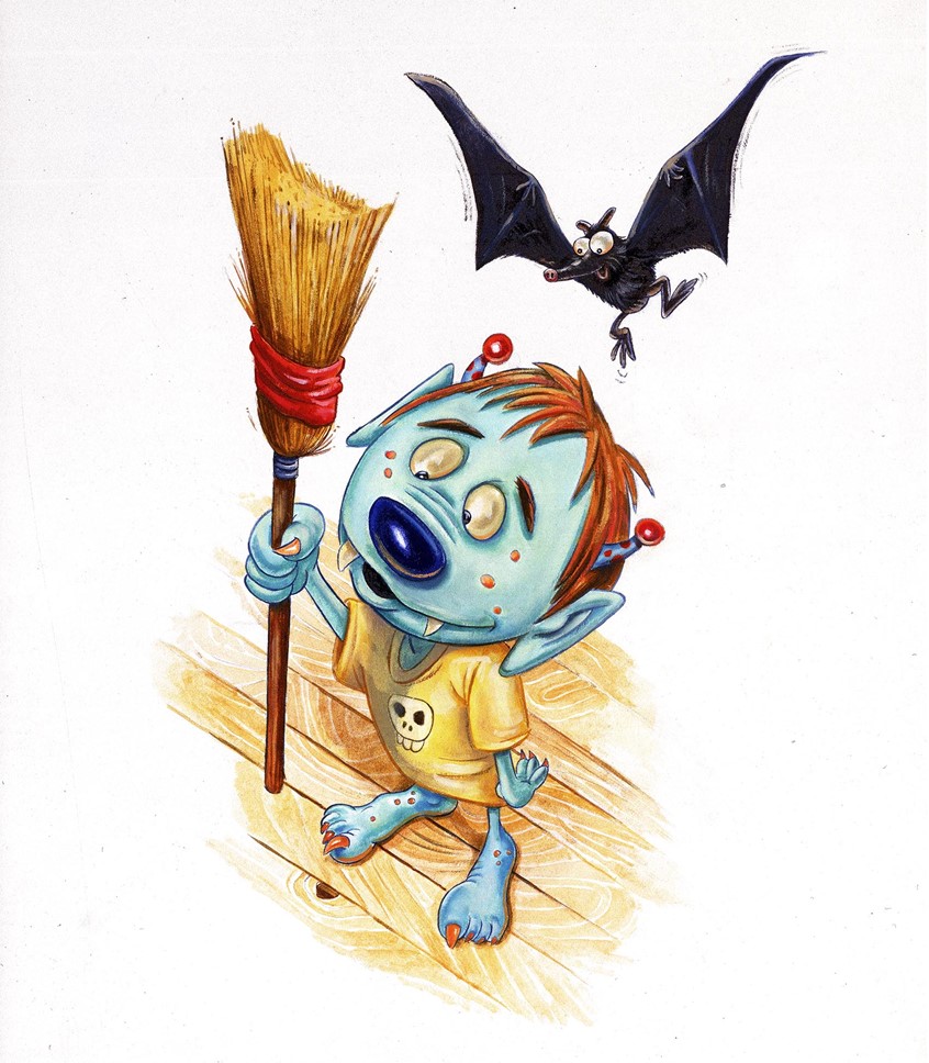illustration of Marshall and his pet bat grab a broom to ward off a mystery boy who Marshall believes is hiding under his bed.
There's A Boy Under My Bed won an honorable mention from the Hollywood Book Fair and the Benjamin Franklin literary awards.