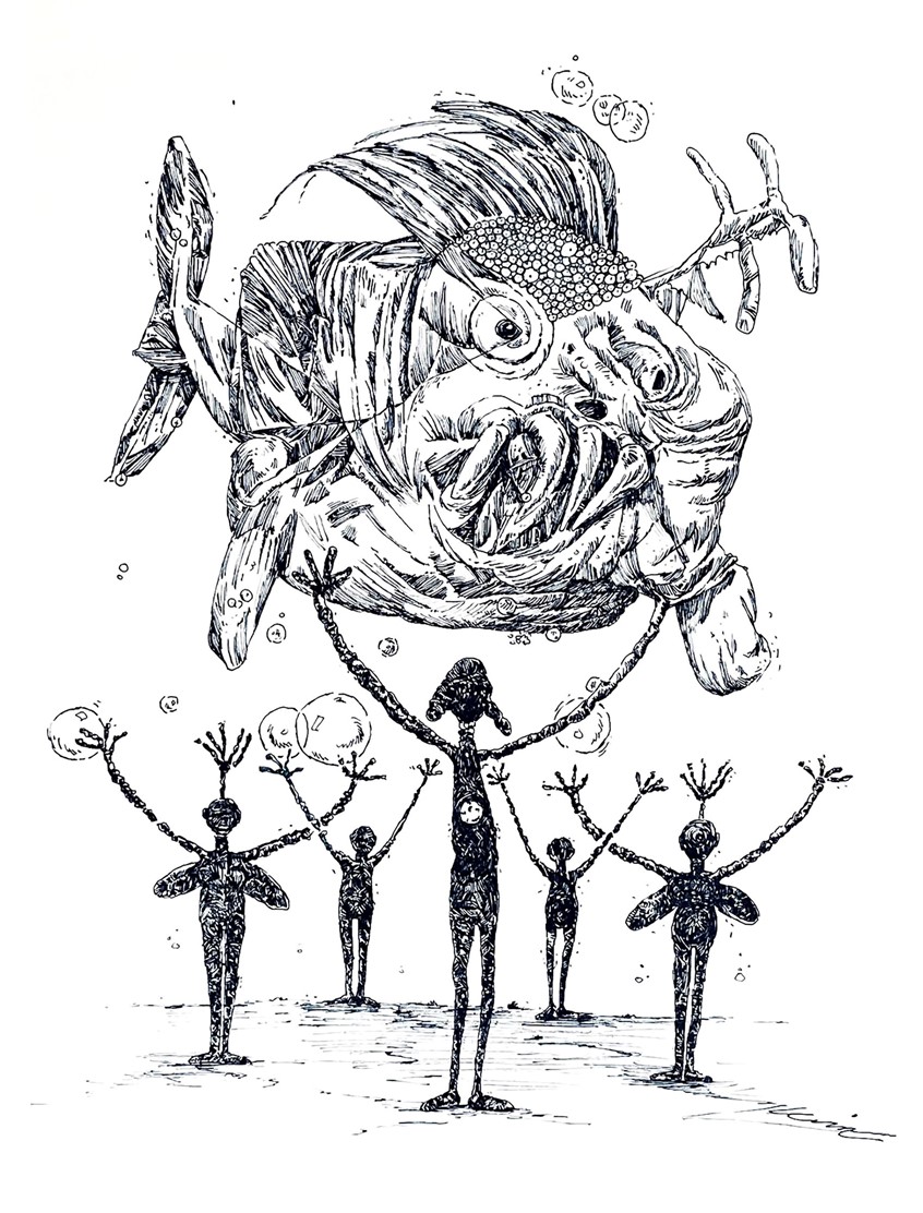 illustration of Part of a series of political drawings in pen & ink. The art depicts loyal primitive thinking followers boosting up their idolized monster as a savior.
Sound familiar?
The original art was bought by a collector in 2022, at a solo show in San Miguel De Allende, Mexico