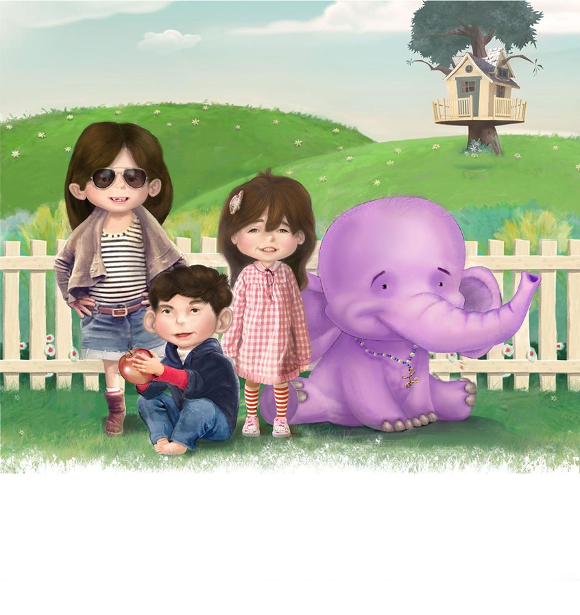 illustration of Conceptual art depicting the Monkay family. A family just like any other who's younger sibling just happens to be a Lavender Elephant named Lucy.