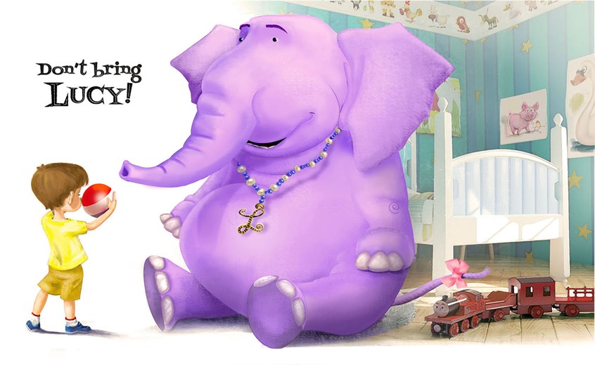 illustration of Conceptual art depicting Hudson and sister Lucy . discussing playing in the house.
Both are part of a family just like any other who's younger sibling just happens to be a Lavender Elephant named Lucy.
