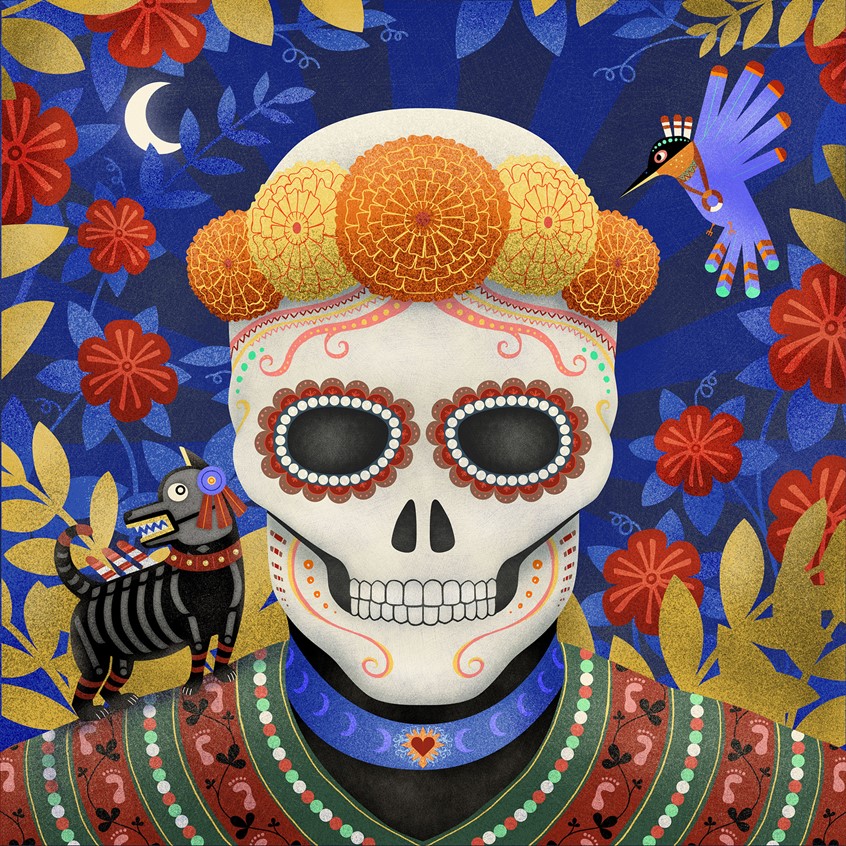 illustration of Illustrations for the exhibition Viva México at The Museum of World Culture in Gothenburg, Sweden.
One illustration for LIFE and one for DEATH were mounted on vertical blinds so the visitor was able to shift between them. The mixed version, in half-mask style, was made for the centerpiece as a round mat.