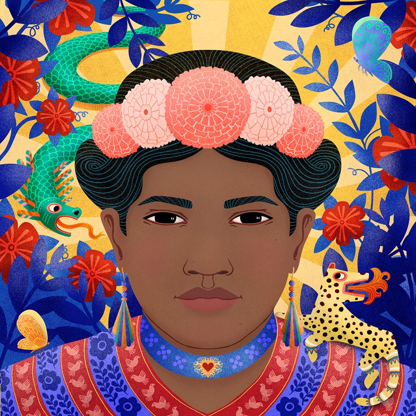 illustration of Illustrations for the exhibition Viva México at The Museum of World Culture in Gothenburg, Sweden.
One illustration for LIFE and one for DEATH were mounted on vertical blinds so the visitor was able to shift between them. The mixed version, in half-mask style, was made for the centerpiece as a round mat.