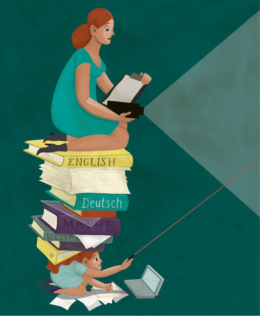 illustration of FAZ-Sonntag, Frankfurter Allgemeine Sonntagszeitung (Germany)
On parents, putting too much effort into helping their children with homework and school projects
- powerpoint, presentation, pressure, parenting, children, books, ambition, mother, projector, laptop, laser, weight,