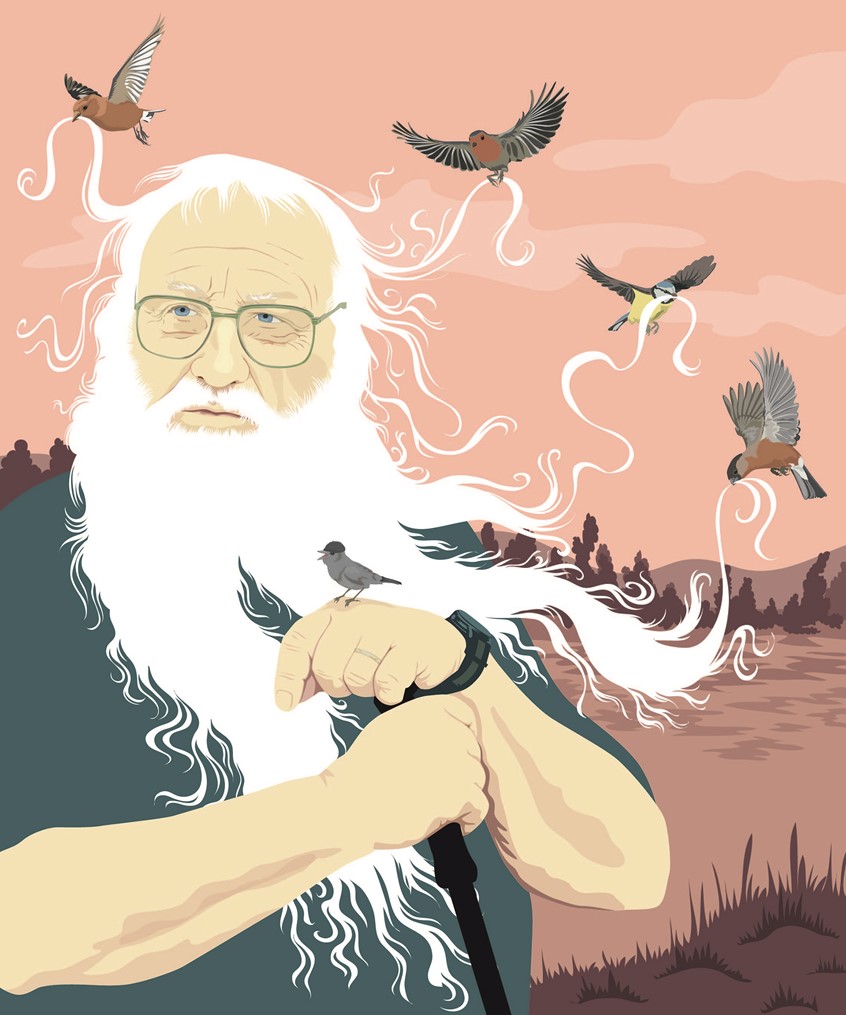 illustration of FAZ-Sonntag, Frankfurter Allgemeine Sonntagszeitung (Germany)
Likeness of famous german ornithologist Peter Berthold
birds, nature, birdwatching, birdwatcher, cute, beard, old, lake,