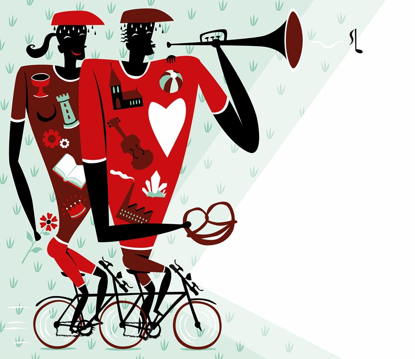 illustration of Culture, trumpet, fun, connection, sweating, heat, summer, touring, holiday, happy, leisure, bretzel, heart, love, couple, weekend, logo, icon, simple,