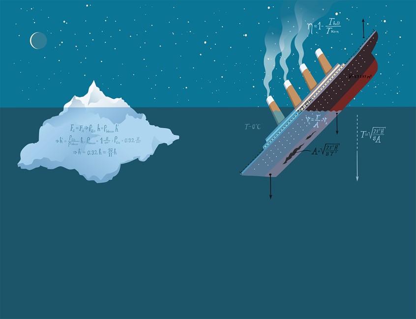 illustration of book Cover, PIPER Verlag, physics, science, ship, cruise, tragedy, news, history, historical, sinking, ocean, depth, formula, mathematics, scientific, night, squareroot, chimney,