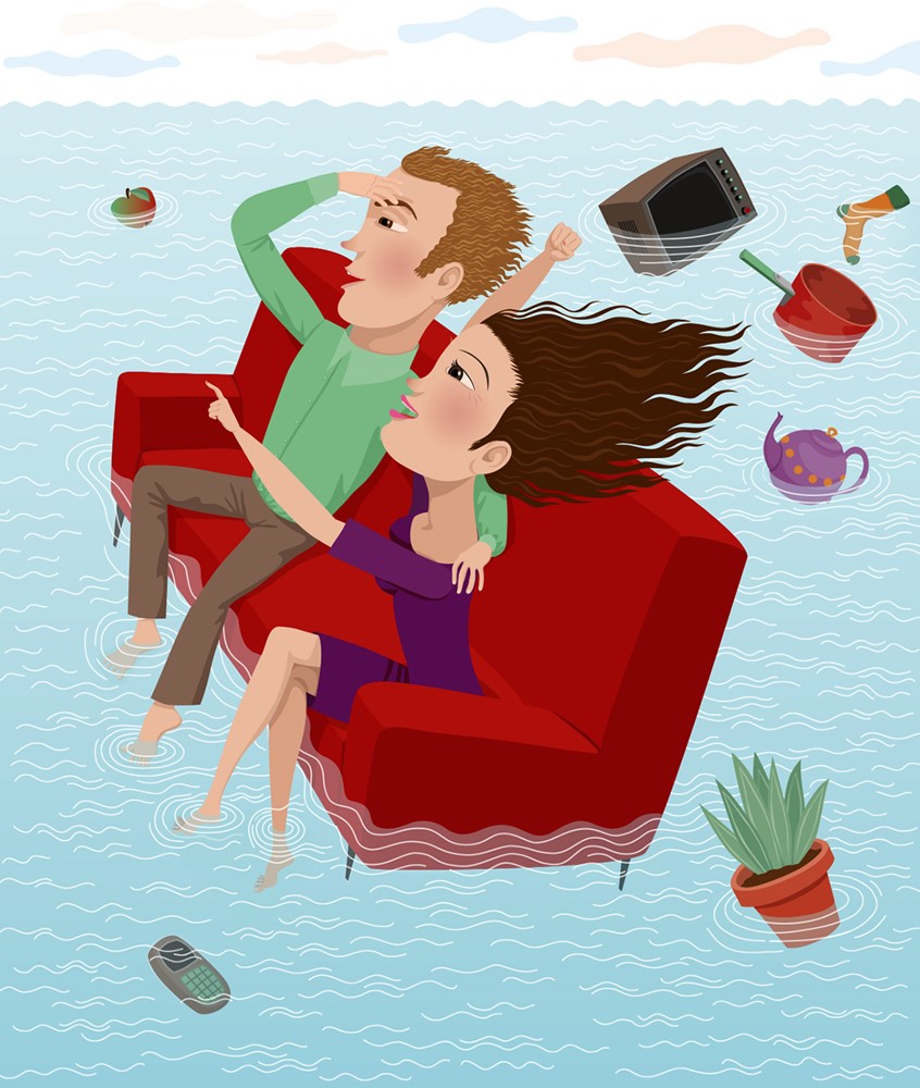 illustration of Illustrations for a coaching book on happy relationships.
Floating together into a better future...
Couple, life, happiness, adventure, sofa, living, man and woman, marriage,