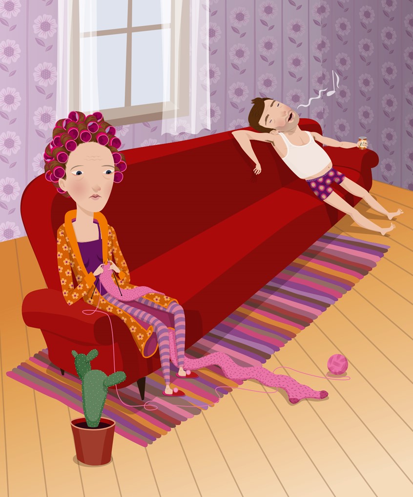 illustration of Illustrations for a coaching book on happy relationships.
Frustration and distance in long years of marriage...
sad, relationship. psychology, unhappy, therapy, knitting, sadness, sofa, separation, lonelyness,