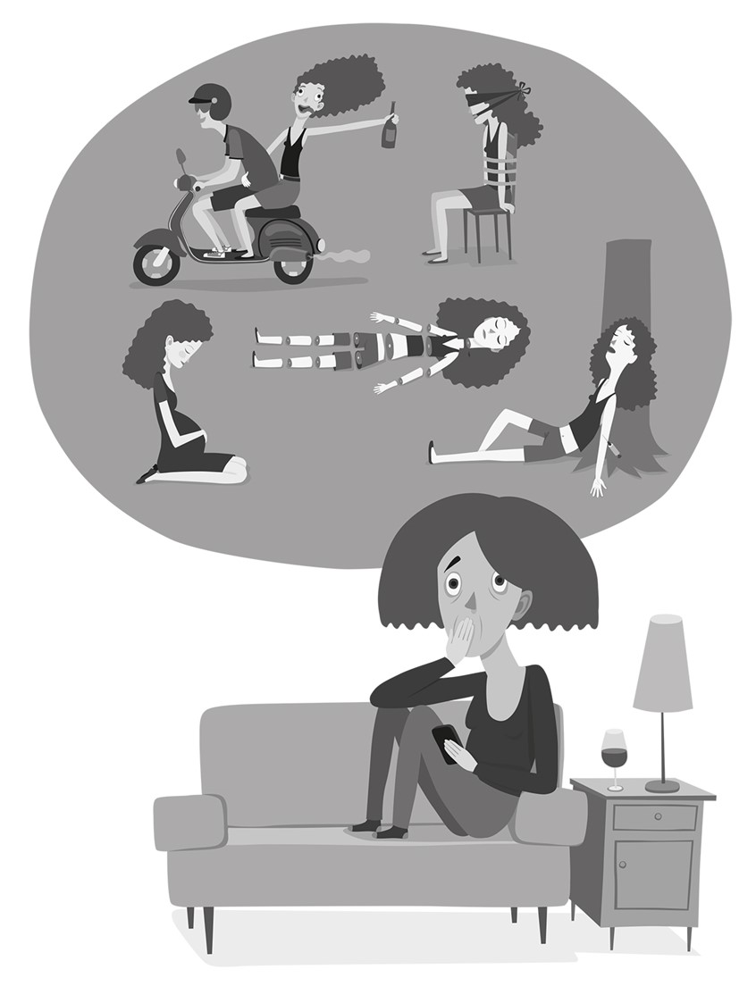 illustration of Book on puberty....
Mother, worried about what could happen to her daughter going out at night...
fear, worries, motherhood, accident, muder, pregnancy, harm. teenager, danger, vespa, drinking, humor, late, sleepless, blackandwhite,