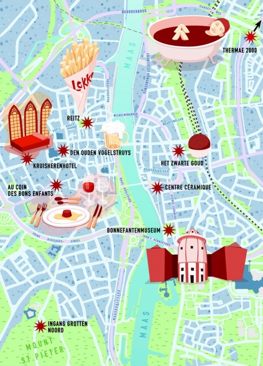 illustration of Map Illustration for New York Times Travel. Maastricht, roadmap, Art, Culture, tourism, traveling, shopping, music, walking, strolling, food, gastronomy, city, architecture