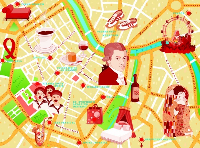 illustration of Map Illustration for New York Times Travel.
Vienna, roadmap, Mozart, Coffee, Klimt, Art, Culture, tourism, traveling, sneakers, shopping, music, walking, strolling, food, gastronomy, city