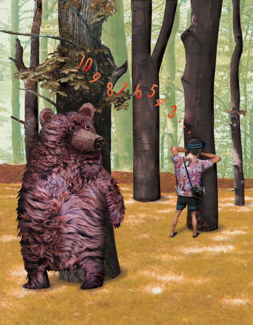 illustration of New York Times, Arts & Leisure, travelling, nature, wilderness, woods, forest, counting, playing, game, animals, fauna, wildlife, bear, fur, tourist, tourism. photographer,