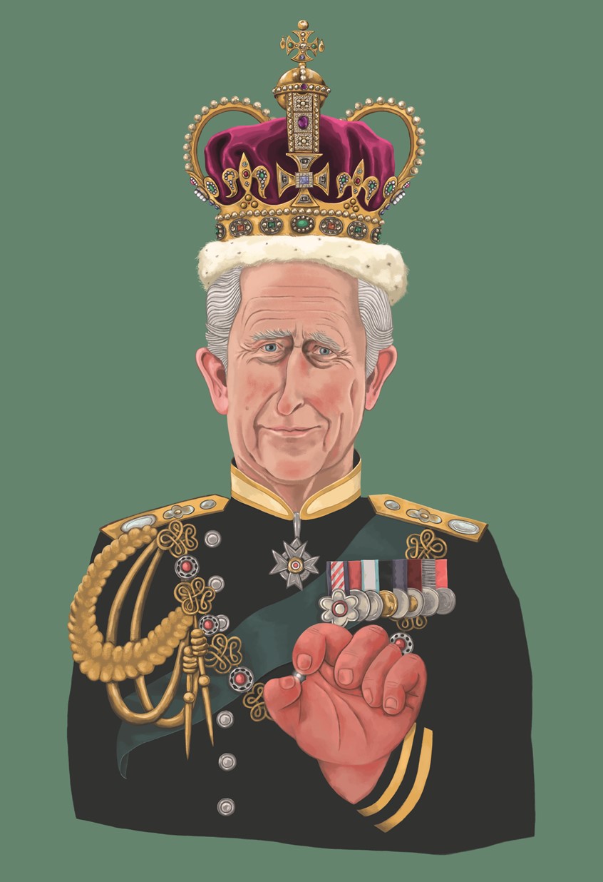 illustration of Portrait of King Charles III for an Article about the diseases of the royals. His majesty sometimes suffers from a disease that causes red and swollen hands. He also treats his conditions with homeopathy
pills, globoli, alternative médecine, historical, uniform, crown, majestic, likening, reign, gold, jewel, hand, creepy, funny, medical