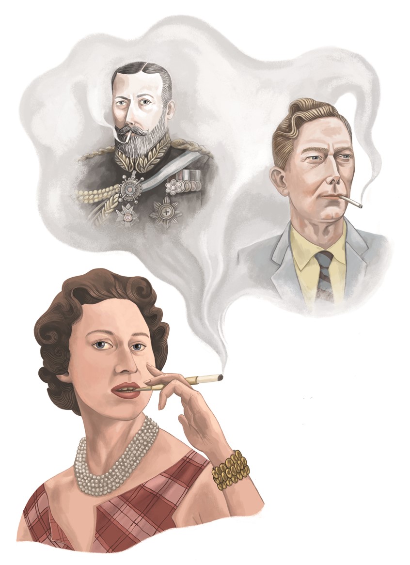 illustration of Portrait of Princess Margaret , her father and grandfather, smoking cigarettes, for an Article about the diseases of the royals for the Apotheker Magazin, Germany
She and her dad and grandpa were heavy smokers.
addiction, tobacco, king, King George, smoke, unhealthy, calm, cool, elegant, royal, digital painting