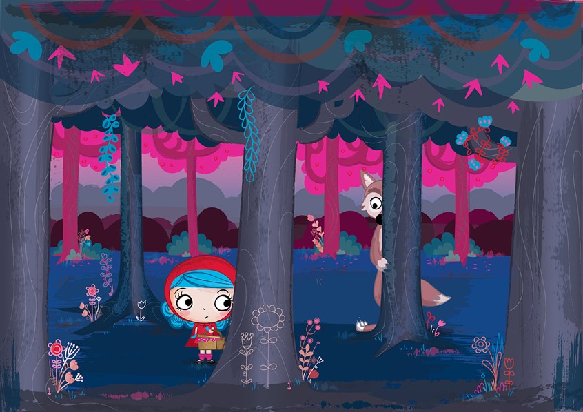 illustration of Little Red Riding Hood. Digital art. Nursery rhyme. Children's book illustration. Picture book art. Kids book art. Cartoon. Children's illustration. Kids illustration. Children's art. Fairy tale. Cute illustration.