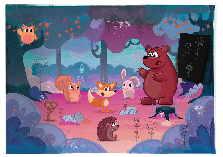 illustration of Forest school. Forest. Animal drawings. Cartoon animals. Digital art. Nursery rhyme. Children's book illustration. Picture book art. Kids book art. Cartoon. Children's illustration. Kids illustration. Children's art. Fairy tale. Cute illustration.