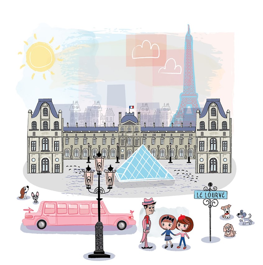 illustration of Paris. Paris Takes Over The World by Kyla May. Travel book. Travel book for kids. Children's Book. Kids drawings. Kids book cover art. Digital art. Kids book. Children's book illustration. Picture book art. Kids book art. Cartoon. Children's illustration. Kids illustration. Children's art. Fairy tale. Cute illustration. Children's cartoon. Cartoon concept art. Dog illustration. Dog character. Dog character design. Le louvre. Paris illustration. Scholastic.