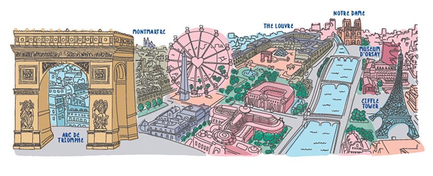 illustration of Paris. Paris Takes Over The World by Kyla May. Travel book. Travel book for kids. Children's Book. Kids drawings. Kids book cover art. Digital art. Kids book. Children's book illustration. Picture book art. Kids book art. Cartoon. Children's illustration. Kids illustration. Children's art. Fairy tale. Cute illustration. Children's cartoon. Cartoon concept art. Dog illustration. Dog character. Dog character design. Le louvre. Paris illustration. Scholastic.