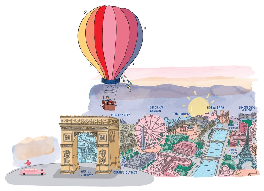 illustration of Paris. Paris Takes Over The World by Kyla May. Travel book. Travel book for kids. Children's Book. Kids drawings. Kids book cover art. Digital art. Kids book. Children's book illustration. Picture book art. Kids book art. Cartoon. Children's illustration. Kids illustration. Children's art. Fairy tale. Cute illustration. Children's cartoon. Cartoon concept art. Dog illustration. Dog character. Dog character design. Le louvre. Paris illustration. Arc de Triumphe.