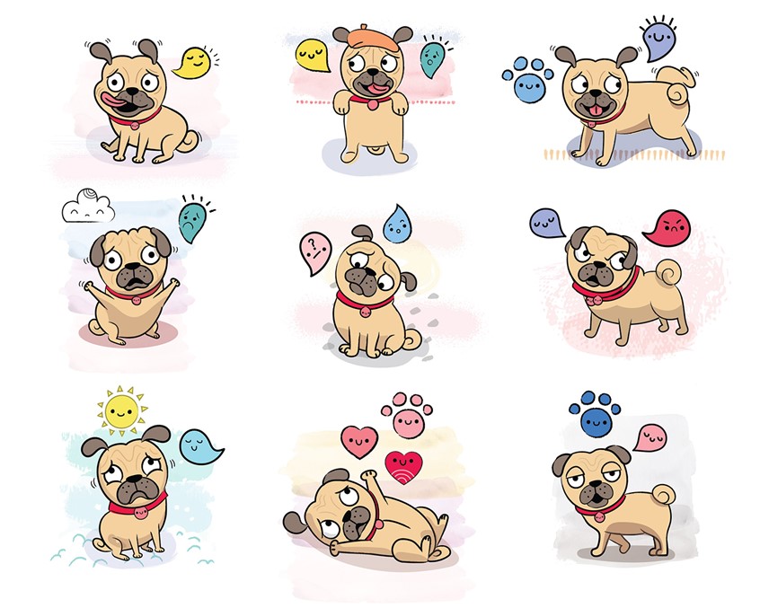 illustration of Pug. Pug expressions. Dog characters. Children's Book. Children's book cover. Kids drawings. Kids book art. Digital art. Kids book. Children's book illustration. Picture book art. Kids book art. Cartoon. Children's illustration. Kids illustration. Children's art. Illustration. Cartoon character. Concept art. Cartoon art. Cute dog. Cartoon character. Children's book. Dog characters. Dog drawing. Animal drawing. Dog cartoon. Emojis.