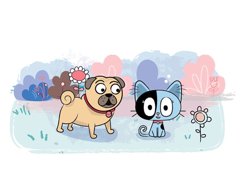illustration of Pug. Pug expressions. Dog characters. Children's Book. Children's book cover. Kids drawings. Kids book art. Digital art. Kids book. Children's book illustration. Picture book art. Kids book art. Cartoon. Children's illustration. Kids illustration. Children's art. Illustration. Cartoon character. Concept art. Cartoon art. Cute dog. Cartoon character. Children's book. Dog characters. Dog drawing. Animal drawing. Dog cartoon. Background. Cat character. Flowers. Cat drawing. Plants.