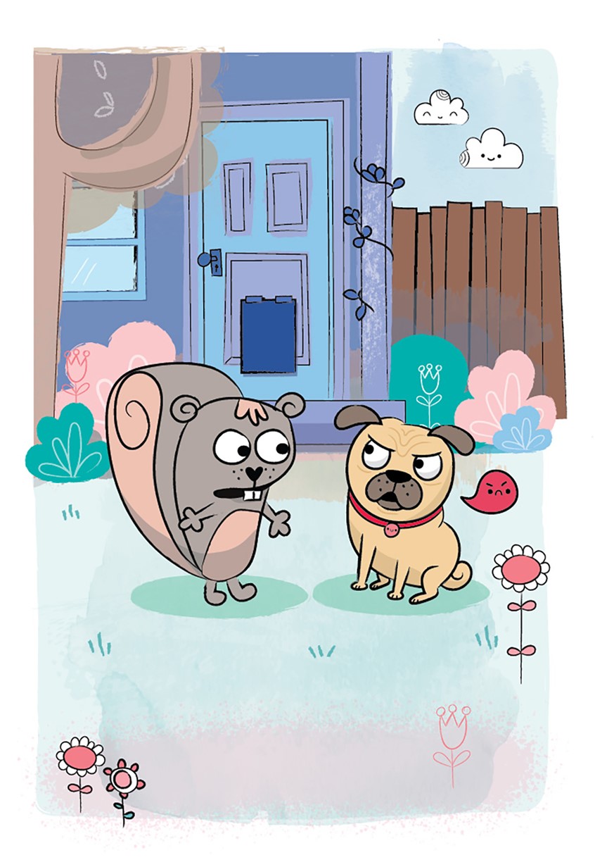 illustration of Pug. Pug expressions. Dog characters. Children's Book. Children's book cover. Kids drawings. Kids book art. Digital art. Kids book. Children's book illustration. Picture book art. Kids book art. Cartoon. Children's illustration. Kids illustration. Children's art. Illustration. Cartoon character. Concept art. Cartoon art. Cute dog. Cartoon character. Children's book. Dog characters. Dog drawing. Animal drawing. Dog cartoon. Squirrel. Squirrel character. House. House cartoon. Kawaii. Flower.