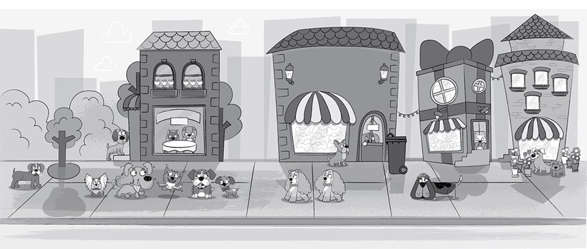 illustration of Dog. Dogs. Dog cartoons. Dog characters. Dog poses. Dog characters. Children's Book. Children's book cover. Kids drawings. Kids book art. Digital art. Kids book. Children's book illustration. Picture book art. Kids book art. Cartoon. Children's illustration. Kids illustration. Children's art. Illustration. Cartoon character. Concept art. Cartoon art. Cute dog. Cartoon character. Children's book. Dog characters. Dog drawing. Animal drawing. Dog cartoon. Street. Background art. Shops.