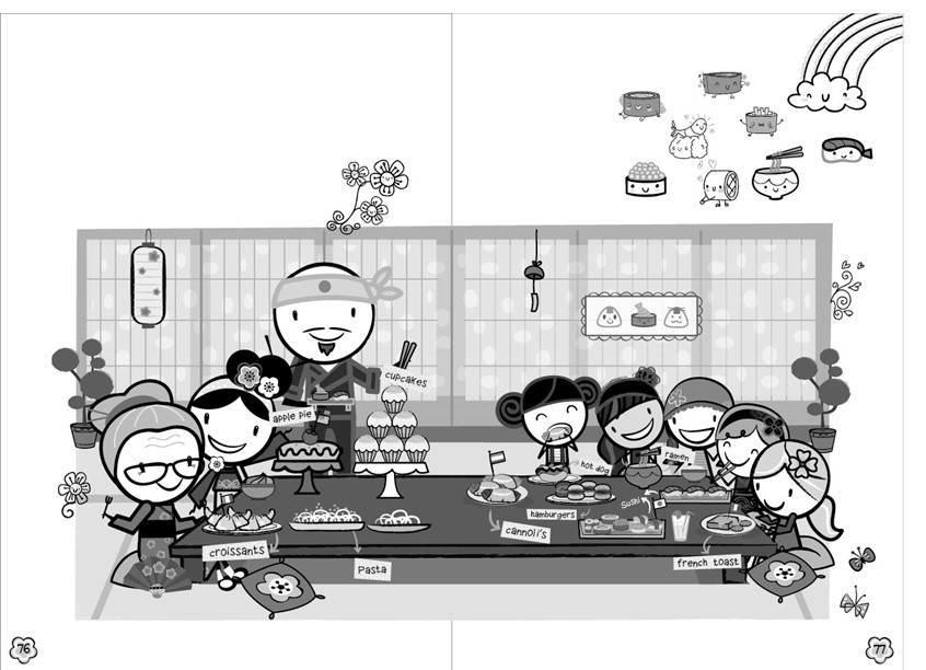 illustration of Lotus Lane. Lotus Lane by Kyla May. Graphic novel. Chapter book. Children's Book. Kids drawings. Kids book cover art. Digital art. Kids book. Children's book illustration. Picture book art. Kids book art. Cartoon. Children's illustration. Kids illustration. Children's art. Fairy tale. Cute illustration. Children's cartoon. Cartoon concept art. Scholastic. Girl character. Girl character design. Character design. Dog character. Flowers. Doodle. Decoration. Pattern. Japanese. Sushi.