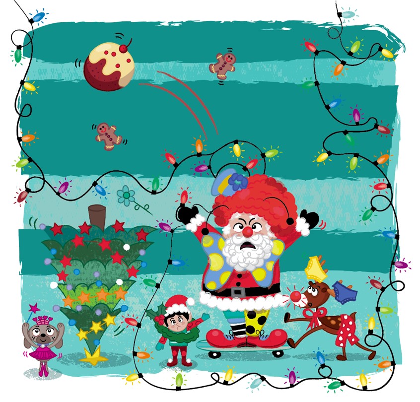 illustration of Santa's Crazy Christmas. Scholastic. Santa. Christmas. Crazy Santa. Rudolph. Elf. Christmas Tree. Children's Book Cover. Kids drawings. Kids book cover art. Digital art. Kids book. Children's book illustration. Picture book art. Kids book art. Cartoon. Children's illustration. Kids illustration. Children's art. Fairy tale. Cute illustration. Dog. Fairy lights. Gingerbread. Christmas book. Skateboard. Christmas lights. Christmas pudding. Clown. Clown shoes. Picture book.