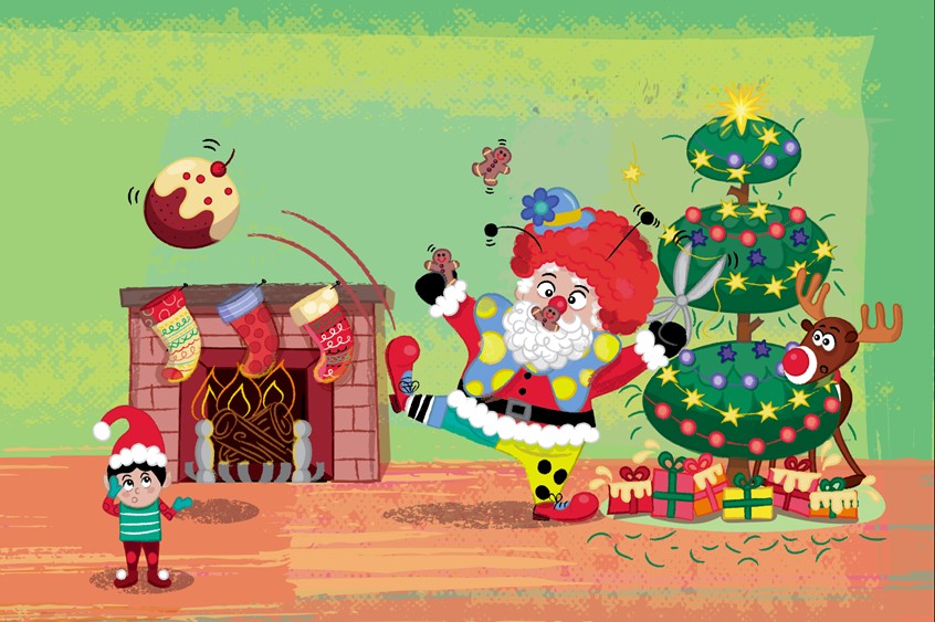illustration of Santa's Crazy Christmas. Scholastic. Santa. Christmas. Crazy Santa. Rudolph. Elf. Christmas Tree. Children's Book Cover. Kids drawings. Kids book cover art. Digital art. Kids book. Children's book illustration. Picture book art. Kids book art. Cartoon. Children's illustration. Kids illustration. Children's art. Fairy tale. Cute illustration. Dog. Fairy lights. Gingerbread. Christmas book. Skateboard. Christmas lights. Christmas pudding. Clown. Clown shoes. Picture book. Presents. Stockings.