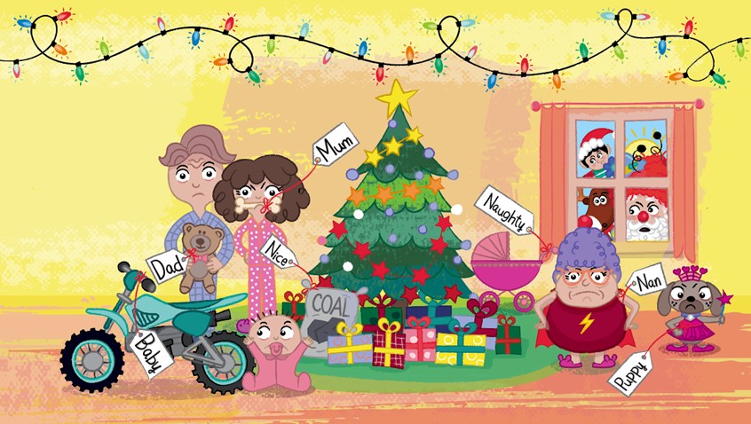 illustration of Santa's Crazy Christmas. Scholastic. Santa. Christmas. Crazy Santa. Rudolph. Elf. Christmas Tree. Children's Book Cover. Kids drawings. Kids book cover art. Digital art. Kids book. Children's book illustration. Picture book art. Kids book art. Cartoon. Children's illustration. Kids illustration. Children's art. Fairy tale. Cute illustration. Dog. Fairy lights. Gingerbread. Christmas book. Skateboard. Christmas lights. Christmas pudding. Character design. Grandma. Picture book. Presents. Baby.