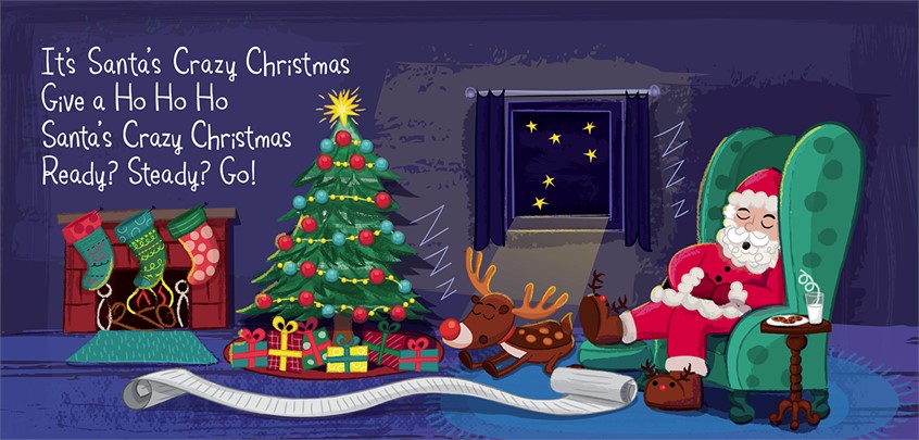 illustration of Santa's Crazy Christmas. Scholastic. Santa. Christmas. Crazy Santa. Rudolph. Elf. Christmas Tree. Children's Book Cover. Kids drawings. Kids book cover art. Digital art. Kids book. Children's book illustration. Picture book art. Kids book art. Cartoon. Children's illustration. Kids illustration. Children's art. Fairy tale. Cute illustration. Rudolph. Reindeer. Santa's list. Christmas book. Christmas lights. Christmas pudding. Picture book. Presents.