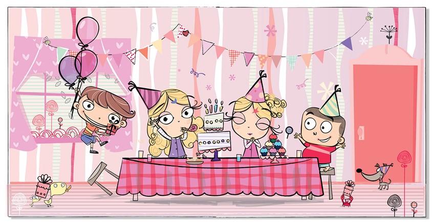 illustration of Twin Magic. Scholastic. Children's Book. Kids drawings. Kids book cover art. Digital art. Kids book. Children's book illustration. Picture book art. Kids book art. Cartoon. Children's illustration. Kids illustration. Children's art. Fairy tale. Cute illustration. Kid's party. Birthday party. Birthday cake. Cupcake. Flags. Pattern.