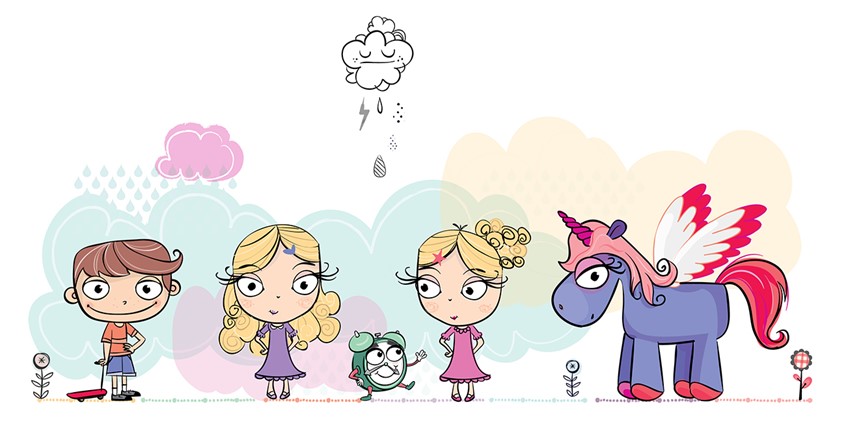 illustration of Twin Magic. Scholastic. Children's Book. Kids drawings. Kids book cover art. Digital art. Kids book. Children's book illustration. Picture book art. Kids book art. Cartoon. Children's illustration. Kids illustration. Children's art. Fairy tale. Cute illustration. Twins. Clock. Unicorn. Flowers. Cloud. Kawaii.